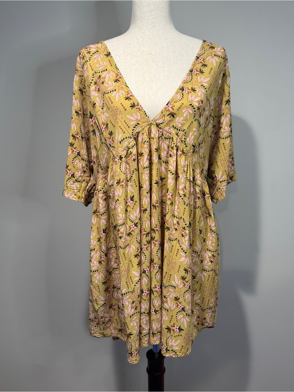 Natural Life Yellow Floral Babydoll Dress Rayon Cottagecore Boho Prairie L/XL